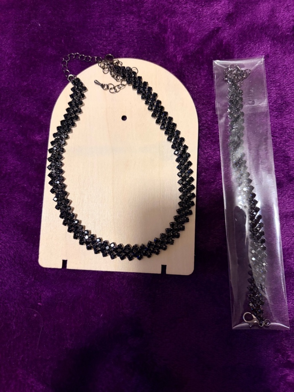 Black Crystal Choker Necklace and matching Bracelet- Women's Jewelry
